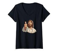 Womens Handsome Jesus Christ with Thumb up Look V-Neck T-Shirt