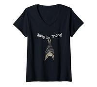 Women's Hang in There Cute Chilling Upside-Down Hanging Bat V-Neck T-Shirt