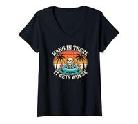 Women's Hang in There It Gets Worse Introvert Burnout Skeleton Gag V-Neck T-Shirt