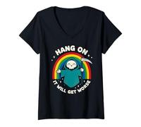 Women's Hang On It Will Get Worse | Funny Cute Grim Reaper & Rainbow V-Neck T-Shirt