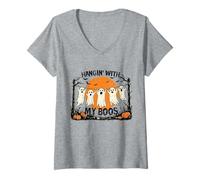 Womens Hangin' With My Boos Ghost Halloween Pumpkin Spooky Season V-Neck T-Shirt