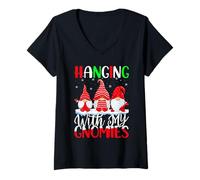 Womens Hanging with My Gnomies Family Gnome Christmas Pajamas V-Neck T-Shirt