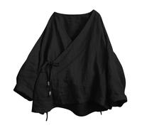 Women's Hanten Kimono Cardigan - Long Sleeve Wrap Front, Cotton Linen Fabric, Retro Hanfu Costume, Irregular Shirt Top for Cultural Looks(Black, XL)