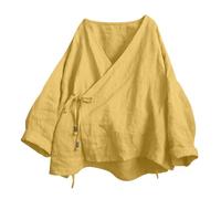 Women's Hanten Kimono Cardigan - Long Sleeve Wrap Front, Cotton Linen Fabric, Retro Hanfu Costume, Irregular Shirt Top for Cultural Looks(Yellow, XXL)