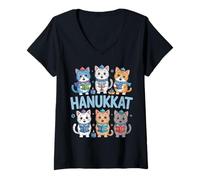 Womens Hanukkah Cat Menorah Cute Jewish Holiday Cats Ugly Funny V-Neck T-Shirt