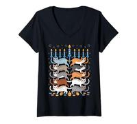 Womens Hanukkah Cat Menorah Cute Jewish Holiday Cats Ugly Funny V-Neck T-Shirt