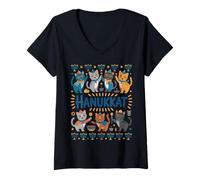 Womens Hanukkah Cat Menorah Cute Jewish Holiday Cats Ugly Funny V-Neck T-Shirt