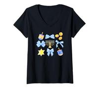 Womens Hanukkah Coquet, Cute Chanukah Blue Bows, Dreidel Menorah V-Neck T-Shirt