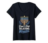 Womens Hanukkah Menorah Believe in Miracles Holiday Spirit V-Neck T-Shirt