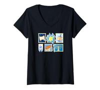 Womens Hanukkah Stamps and Blue Coquette Bows with Menorah Dreidel V-Neck T-Shirt