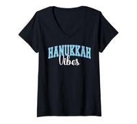Womens Hanukkah Vibes Jewish Retro Varisty Letters V-Neck T-Shirt