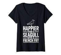 Women's Happier Than A Seagull with A French Fry V-Neck T-Shirt