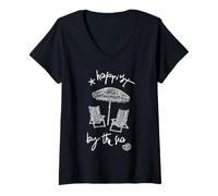Women's Happiest By The Sea Beach Chairs Umbrella Seashell Vacation V-Neck T-Shirt