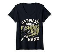 Womens Happiest Fishing Rod Angler Fisherman Fish Lovers V-Neck T-Shirt