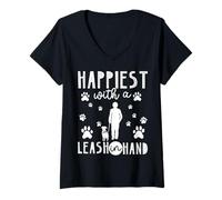 Womens Happiest With A Leash Dog Lover Pet Owner Animal Enthusiast V-Neck T-Shirt