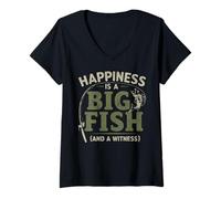 Womens Happiness is A Big Fish and A Witness Bass Fishing Humor Dad V-Neck T-Shirt