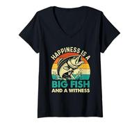 Womens Happiness Is A Big Fish And A Witness - Fishing Fisherman V-Neck T-Shirt