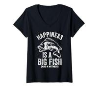 Womens Happiness Is A Big Fish And A Witness Funny Fishing Joke V-Neck T-Shirt