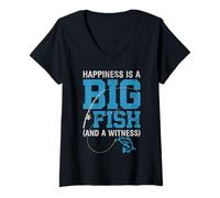 Womens Happiness is A Big Fish Witness Bass Fishing Fisherman Gifts V-Neck T-Shirt