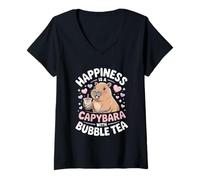 Womens Happiness is A Capybara with Bubble Tea Cute Animal Lover V-Neck T-Shirt