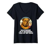 Womens Happiness Is A Wagging Tail English Bulldog Dog Lover Puppy V-Neck T-Shirt