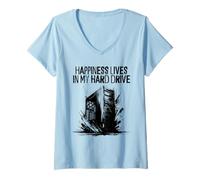 Womens Happiness Lives In My Hard Drive - Funny Computer PC Lover V-Neck T-Shirt