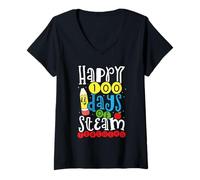 Womens Happy 100 Days of STEAM Teaching Celebration V-Neck T-Shirt