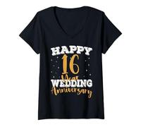 Womens Happy 16th Wedding Anniversary Matching 16 Years Anniversary V-Neck T-Shirt