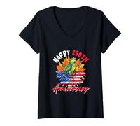 Women's Happy 250th Anniversary 4th July US Flag Sunflower Macaw V-Neck T-Shirt