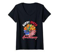Women's Happy 250th Anniversary 4th July US Flag Sunflower Parrot V-Neck T-Shirt