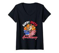 Women's Happy 250th Anniversary 4th July US Flag Sunflower Sparrow V-Neck T-Shirt