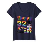 Women's Happy 32nd Birth Gay LGBTQ Rainbow Birthday Celebration V-Neck T-Shirt