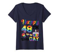 Women's Happy 48th Birth Gay LGBTQ Rainbow Birthday Celebration V-Neck T-Shirt