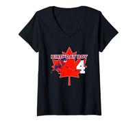 Women's Happy 4th Birthday Boy Canada Maple Leaf Ice Hockey V-Neck T-Shirt