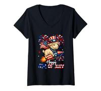 Womens Happy 4th Of July US Flag Sheep Riding Firecracker Farmer V-Neck T-Shirt