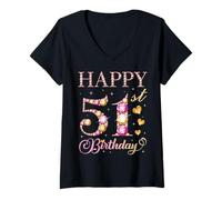 Womens Happy 51st Birthday 51 Years Old Men Women Birthday Party V-Neck T-Shirt