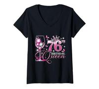 Women's Happy 76th Birthday Queen Pink Wine 76 Years Old Women V-Neck T-Shirt