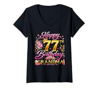 Women's Happy 77th Birthday Grandma 77 and Fabulous 77 Yrs Old Queen V-Neck T-Shirt