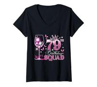 Women's Happy 79th Birthday Squad Pink Wine 79 Years Old Queen V-Neck T-Shirt