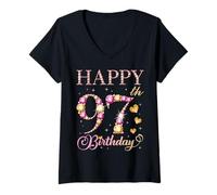 Womens Happy 97th Birthday 97 Years Old Men Women Birthday Party V-Neck T-Shirt