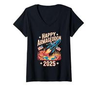 Womens Happy Armageddon 2025 July 4th USA Anti-War Trump Awareness V-Neck T-Shirt