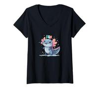 Womens Happy Axolotl with Mexican Flag V-Neck T-Shirt