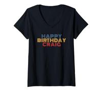 Women's Happy Birthday Craig Personalized Name Retro Typography V-Neck T-Shirt