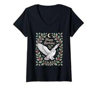 Womens Happy Birthday Snowy Owl Under Moon with Holly V-Neck T-Shirt