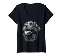 Women's Happy Black Dog Detailed Sketch Art Drawing V-Neck T-Shirt
