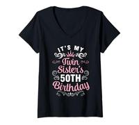 Womens Happy Brother Cousin Her It's My Twin Sister's 50th Birthday V-Neck T-Shirt