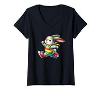 Womens Happy Bunny Jump Day Rainbow Adventure V-Neck T-Shirt