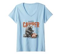Women's Happy Camper Camping Bear Outdoor Design Adventure V-Neck T-Shirt
