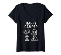 Women's Happy Camper Minimalist Camping Outdoor Adventure Graphic V-Neck T-Shirt