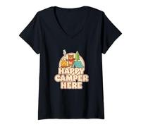 Womens Happy Camping Bear Camper Tent Marshmallow Funny Retro V-Neck T-Shirt
